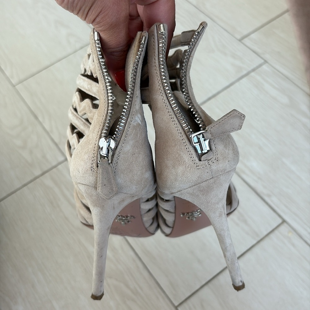 Prada Cage Suede Cream Heels - Picture 4 of 5